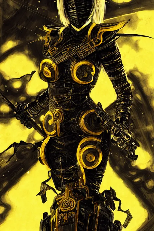 Image similar to portrait Ninja gaiden girl armored black and yellow ninja wardrobe, at ruin japanese temple rainny night, ssci-fi and fantasy, intricate and very very beautiful and elegant, highly detailed, digital painting, artstation, concept art, smooth and sharp focus, illustration, art by tian zi and WLOP and alphonse mucha