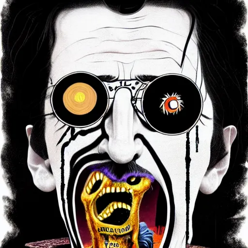 Image similar to graphic illustration, creative design, alice cooper as salvador dali, biopunk, francis bacon, highly detailed, hunter s thompson, concept art