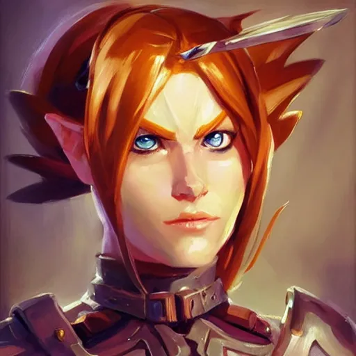 Image similar to greg manchess portrait painting of partially armored female link from legend of zelda as overwatch character, medium shot, asymmetrical, profile picture, organic painting, sunny day, matte painting, bold shapes, hard edges, street art, trending on artstation, by huang guangjian and gil elvgren and sachin teng