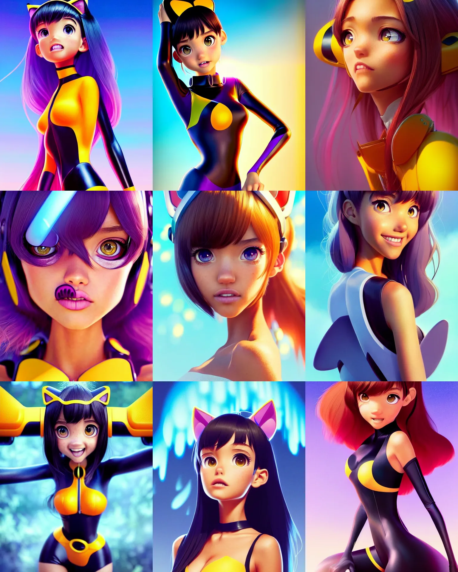 Prompt: pixar anime movie poster portrait photo : : of jessica alba, madison beer : : as catgirl bumblebee cyborg by weta : : by wlop, ilya kuvshinov, rossdraws, artgerm, artstation, unreal engine : : rave makeup, pearlescent, sweaty, morning, vogue cover : :