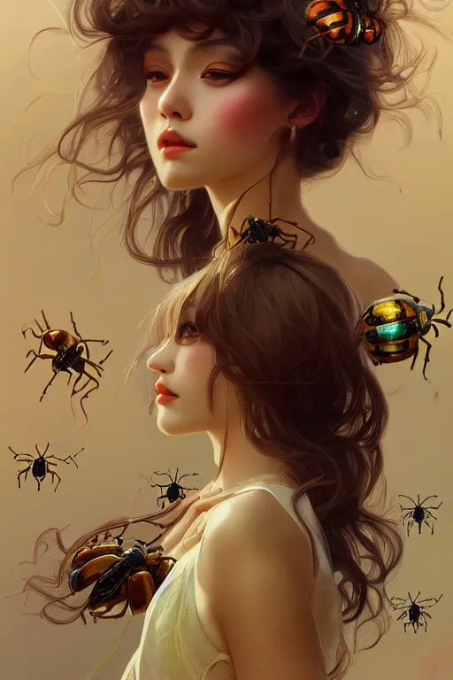 Prompt: hundreds of beetles lined up as a beautiful girl, highly detailed, digital painting, artstation, sharp focus, illustration, art by tan zi and ayanamikodon and alphonse mucha and wlop