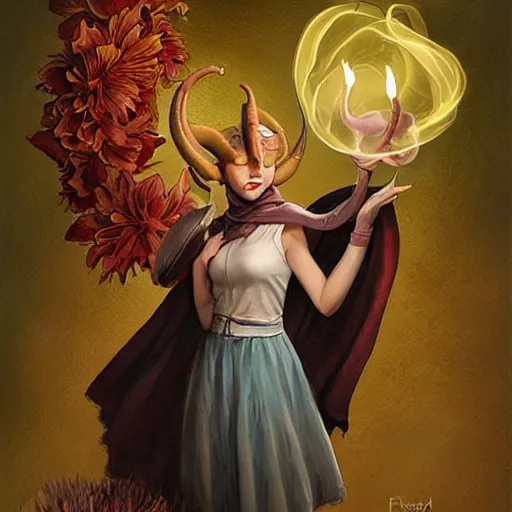 Image similar to tiefling woman with bent horns holding a glowing floating flower, petrichor, malady, art by fiona staples, art by james gurney, art by norman rockwell