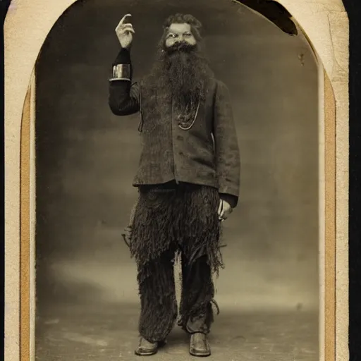 Image similar to daguerrotype of a bearded man wearing futuristic clothes, dreadlocks 1 9 0 0