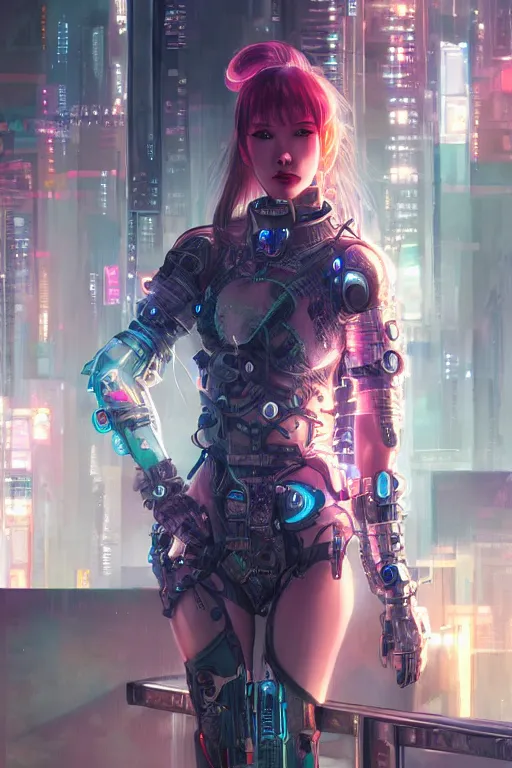 Image similar to portrait futuristic Cyber warrior Girl, in future cyberpunk tokyo rooftop , ssci-fi, fantasy, intricate, very very beautiful, elegant, neon light, highly detailed, digital painting, artstation, concept art, smooth, sharp focus, illustration, art by tian zi and WLOP and alphonse mucha