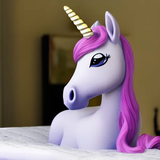 Prompt: Unicorn Rarity sitting on her mattress looking at the camera