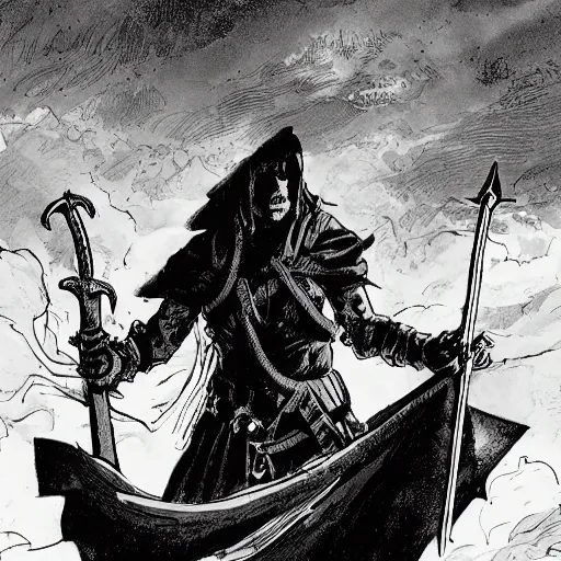 Image similar to A sword stuck in the ground, bathed in dusty light. Close Up Shot, Dark Fantasy, Film Noir, Black and White. High Contrast, Mike Mignola, D&D, OSR