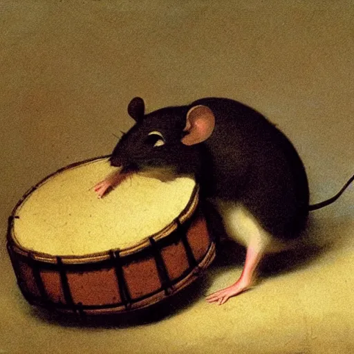 Image similar to mouse with drum, forrest background, by carl spitzweg, close up