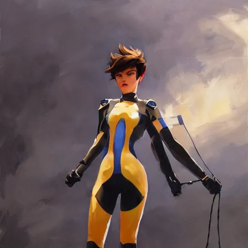 Image similar to greg manchess painting of tracer wearing a latex suit, medium shot, organic painting, sunny day, matte painting, bold shapes, hard edges, street art, trending on artstation, by huang guangjian and gil elvgren and sachin teng