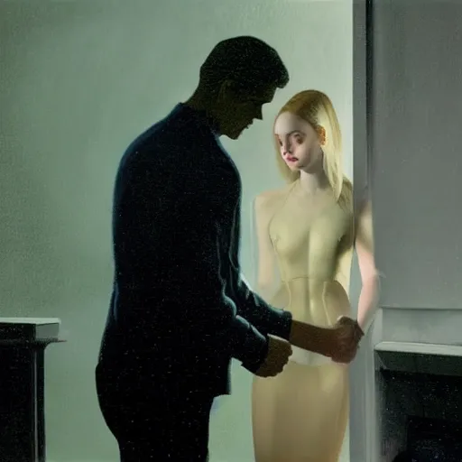 Image similar to Elle Fanning holding hands with a ghost in the world of Edward Hopper, stormy weather, extremely detailed masterpiece, oil on canvas, low-key neon lighting, artstation, Blade Runner 2049, Roger Deakin’s cinematography, by J. C. Leyendecker and Peter Paul Rubens,