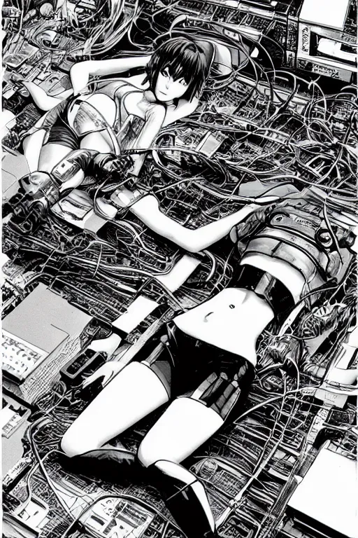 Image similar to a hyper-detailed cyberpunk illustration motoko kusanagi lying body open over an empty floor, with a mess of cables and wires coming out, by masamune shirow and katsuhiro otomo