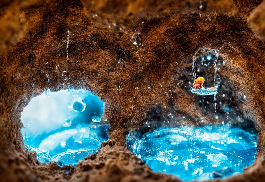 Prompt: orama miniature inside a cell, microscopic view, with godray, vale encantado, cave photography lighting water, droplets, wet, flow, river, chameleon