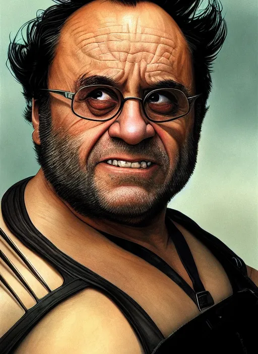 Image similar to photograph of danny devito as wolverine, realistic portrait, symmetrical, smooth, sharp focus, cinematic lighting, art by artgerm and greg rutkowski and alphonse mucha