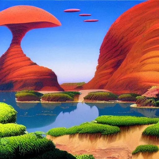 Image similar to painting of a lush natural scene on an alien planet by roger dean. beautiful landscape. weird vegetation. cliffs and water.