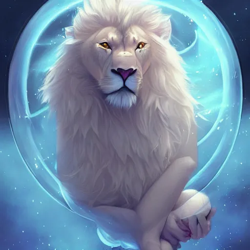 Image similar to aesthetic portrait commission of a albino male furry anthro lion floating and sleeping inside a soap bubble while opening its third eye in the blue cloudy sky, minimalistic sky Atmosphere, hyperdetailed. Character design by charlie bowater, ross tran, artgerm, and makoto shinkai, detailed, inked, western comic book art, 2021 award winning painting