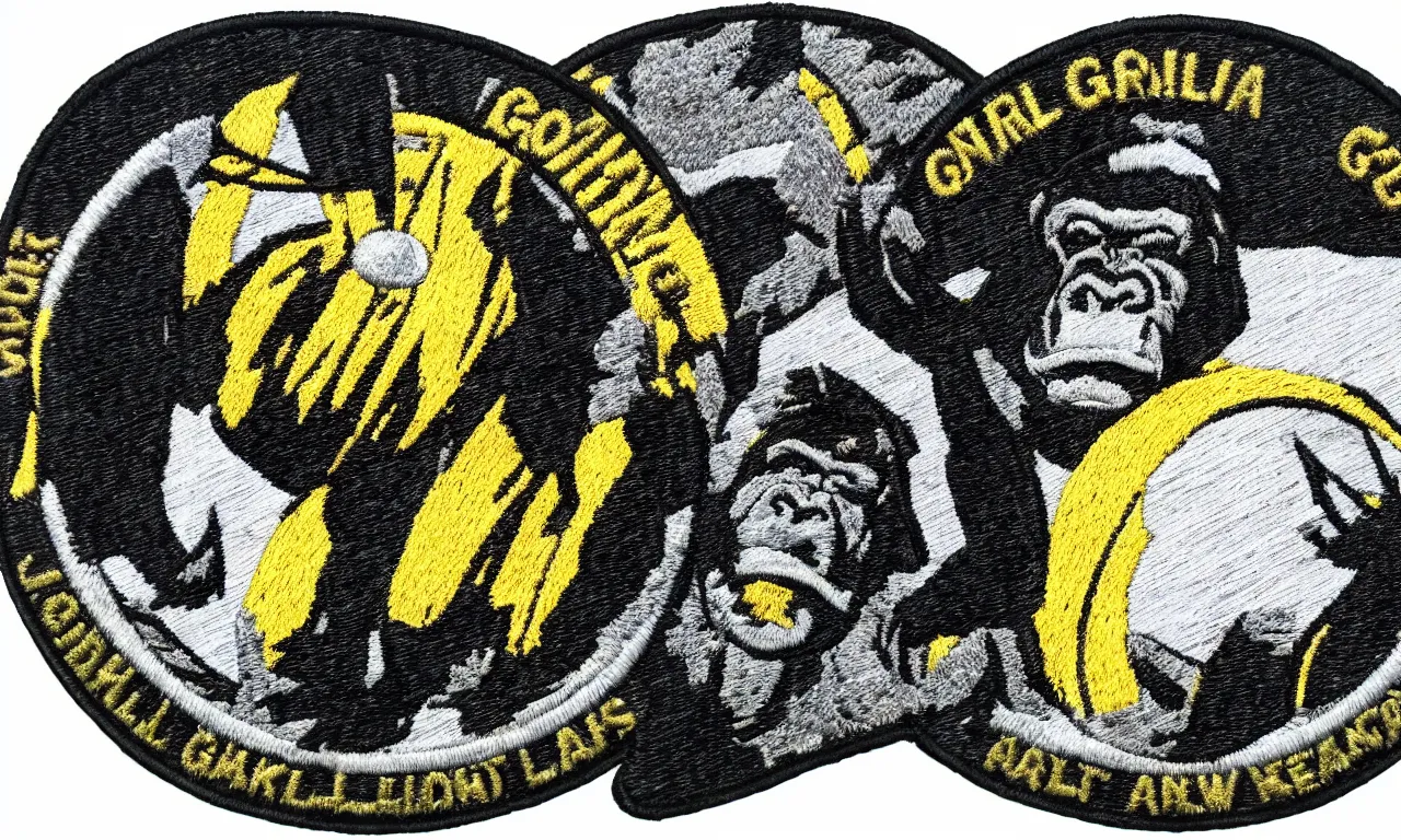 Image similar to a gorilla breaking lighting bolts. round, circular embroidered us radar corps patch 8 k /