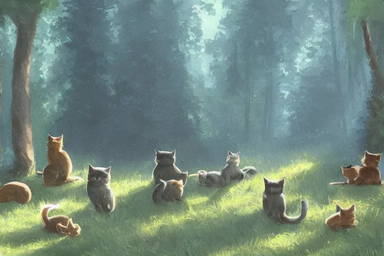 Prompt: a forest with a group of cats travelling, trending on artstation, by wayne mcloughlin, backlighting