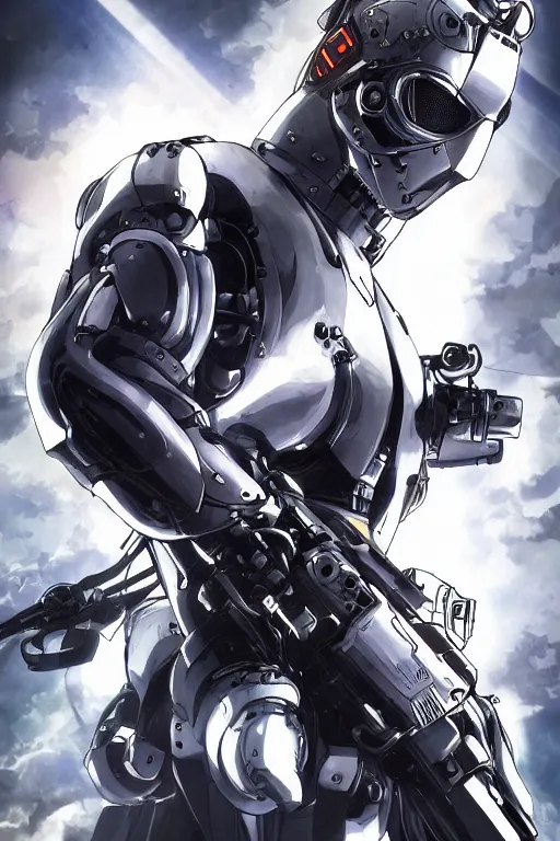 Image similar to cyber cyborg ninja mask helmet metal gear solid artic suit swat commando, global illumination ray tracing hdr fanart arstation by sung choi and eric pfeiffer and gabriel garza and casper konefal, a spectacular view cinematic rays of sunlight comic book illustration, by john kirby