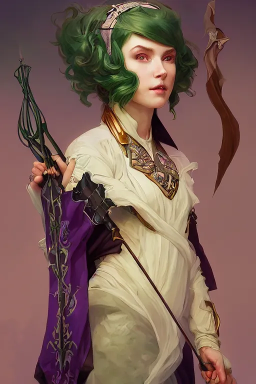 Prompt: portrait of a cute warlock girl with a staff in warlock armor, purple and green, by tom bagshaw and alphonse mucha and atey ghailan and artgerm and and greg rutkowski, hyper realistic, octane render, trending on artstation