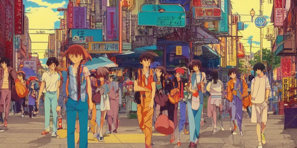 Prompt: man walking streets of quarter latin, sprite, vaporwave nostalgia, directed by beat takeshi, visual novel cg, 8 0 s anime vibe, kimagure orange road, maison ikkoku, sketch by osamu tezuka, directed by makoto shinkai and beat takeshi