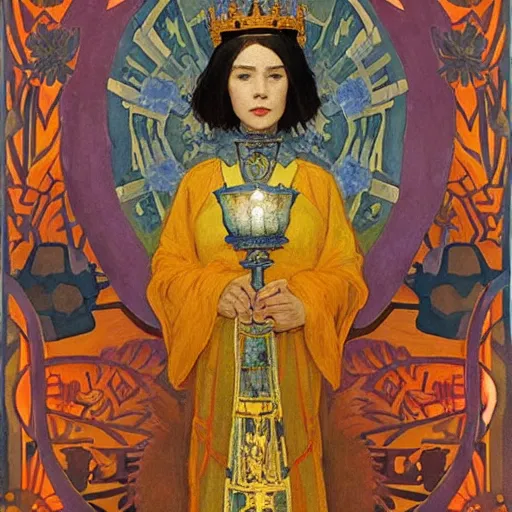 Image similar to queen of the dawn with her lantern and regalia, by Annie Swynnerton!! and Nicholas Roerich! and ((((((Tino Rodriguez and Diego Rivera)))))), embroidered robes, floral tattoos, bioluminescent skin!, elaborate costume, geometric ornament, symbolist, soft colors, dramatic lighting, smooth, sharp focus, extremely detailed