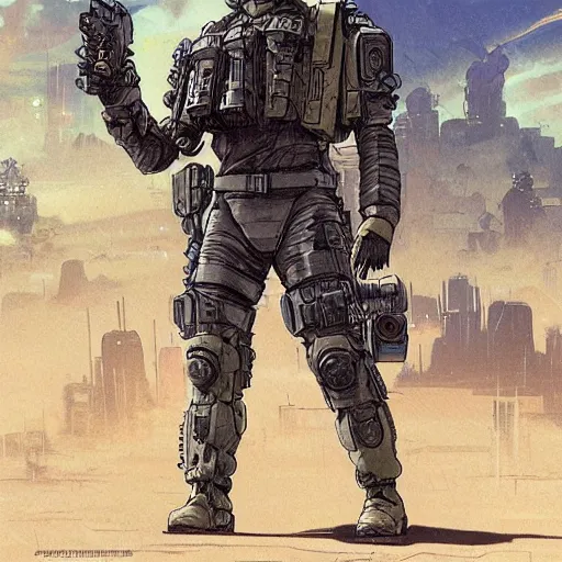 Image similar to Hector. USN special forces recon operator in futuristic gear, cyberpunk headset, laser guidance, on patrol in the Australian neutral zone, deserted city landscape. 2087. Concept art by James Gurney and Alphonso Mucha