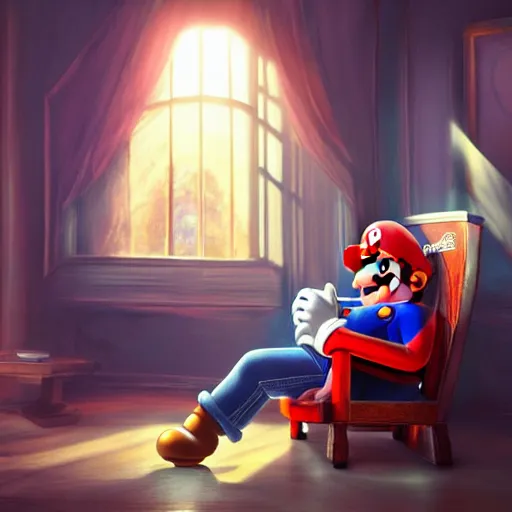 Image similar to mario sitting in a chair in his living room with sunlight pouring in through a window, portrait, fantasy, beautiful face, vivid colors, elegant, concept art, sharp focus, digital art, hyper - realistic, 4 k, unreal engine, highly detailed, hd, dramatic lighting by brom, trending on artstation