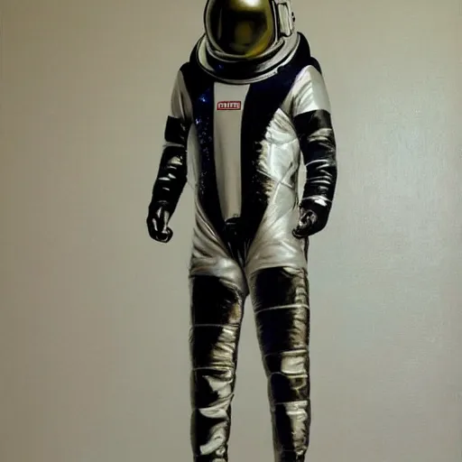 Prompt: fashion model in futuristic astronaut suit, full body portrait, hyperrealism oil painting