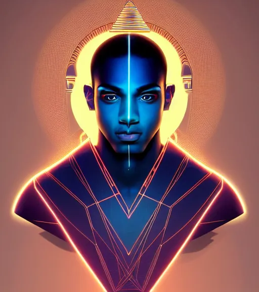 Image similar to symmetry!! egyptian prince of technology, solid cube of light, hard edges, product render retro - futuristic poster scifi, lasers and neon circuits, brown skin man egyptian prince, intricate, elegant, highly detailed, digital painting, artstation, concept art, smooth, sharp focus, illustration, dreamlike, art by artgerm