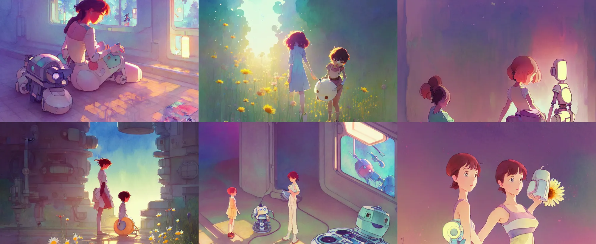 Prompt: a wholesome animation key shot of daisy picking robots, studio ghibli, pixar and disney animation, sharp, disney concept art watercolor illustration by mandy jurgens and alphonse mucha and alena aenami, pastel color palette, dramatic lighting