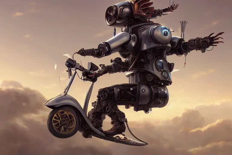 Prompt: an epic fantasy detailed illustration of an unmanned flying robotic vespa scooter among the clouds by alejandro burdisio and michael whelan, industrial, hydraulics, prosthetics, 4K, golden hour hues