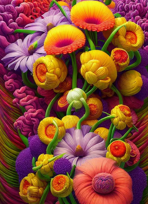 Prompt: hyper detailed 3d octane render illustration like a Oil painting - a vivid exotic flower bouquet, long petals, huge blossoms, by Jacek Yerka, Mariusz Lewandowski, Laszlo generative render, long brush strokes, Masterpiece, Edward Hopper and James Gilleard, Zdzislaw Beksinski, Mark Ryden, Wolfgang Lettl, hints of Yayoi Kasuma, octane render, 8k