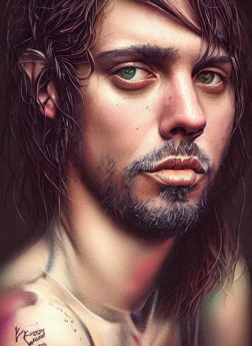 Image similar to a detailed painted portrait of an 9 0's era grunge musician by artist hadi karimi, wlop, artgerm, greg rutkowski, confident expression, dramatic lowkey studio lighting, accurate skin textures, hyperrealism, cgsociety, aesthetically pleasing and harmonious vintage colors