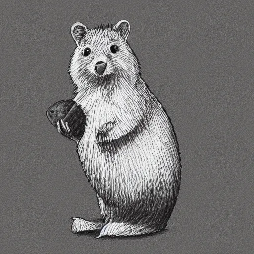 Prompt: monochromatic illustration of a happy quokka, one line, line drawing, unbroken, minimalist, white background, black and white