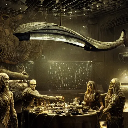 Image similar to scene from prometheus movie, hr giger artlilery spaceship lands in country tavern, filigree ornaments, volumetric lights, micheal whelan