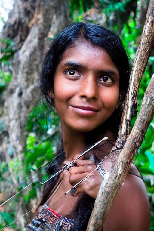 Image similar to a professional photo of a sri lankan jungle girl, black hair, hunter, with bow and arrow, extremely high fidelity, natural lighting.