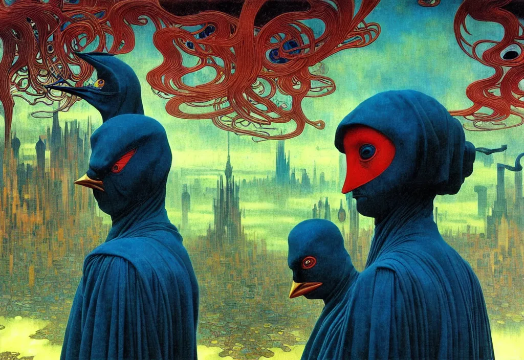 Image similar to realistic detailed portrait movie shot of a birdman wearing dark robes, sci fi city landscape background by denis villeneuve, amano, yves tanguy, alphonse mucha, ernst haeckel, max ernst, roger dean, masterpiece, rich moody colours, blue eyes, mysterious