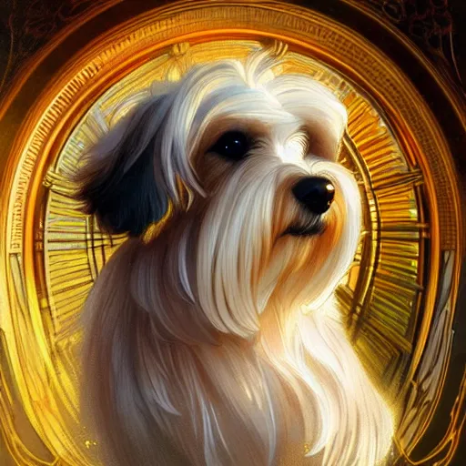 Image similar to beautiful detailed picture of a havanese, radiant light, art nouveau, intricate, elegant, highly detailed, my rendition, digital painting, artstation, concept art, smooth, sharp focus, illustration, art by artgerm and greg rutkowski and alphonse mucha