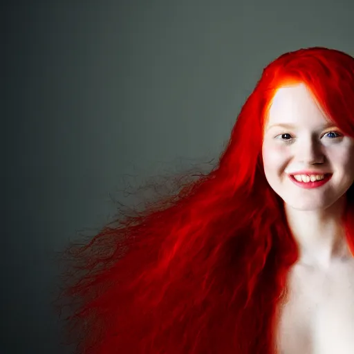 Image similar to artistic photo of a young beautiful woman with red hair looking at the camera, smiling slightly, studio lighting, award winning photo by Annie Liebowitz