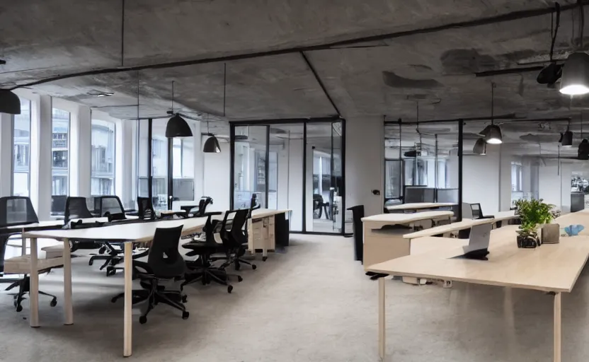 Image similar to a cool office, nordic style, high quality, 8 k, architecture, symmetrical, harmonious comp