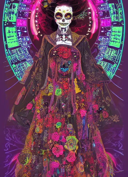 Image similar to cute punk goth fashion hippy fractal Día de los Muertos alien girl wearing kimono made of circuits and leds by Zhang Jingna, poster art by Dan Mumford Kilian Eng Hannah Jeffrey Smith Rick Griffin Alphonse Mucha