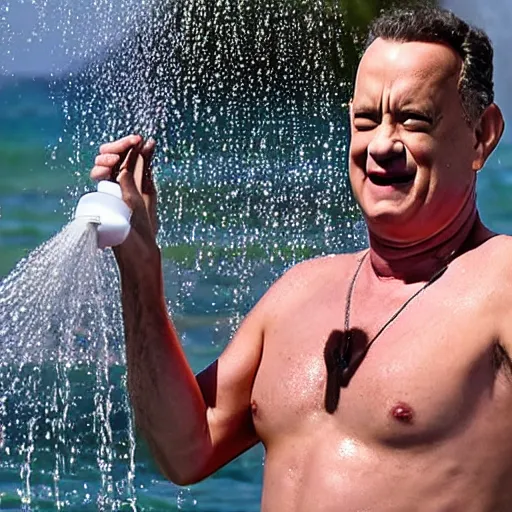 Prompt: tom hanks wearing a pink bikini rinsing himself off in the beach shower, bystanders watching intently, high resolution photograph,