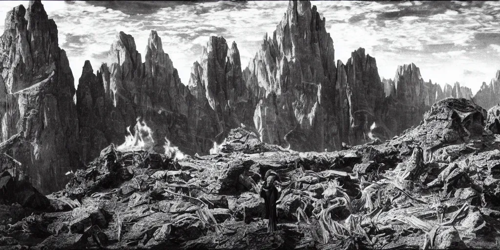 Image similar to 1920s photography of witch burning, dolomites in the background, occult signs, witch burning, pyre, solstice fire, alp, dolomites, alpine, detailed intricate insanely detailed octane render, 8k artistic 1920s photography, photorealistic, black and white, chiaroscuro, hd, by David Cronenberg, Raphael, Caravaggio
