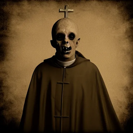 Prompt: a priest with no mouth holding a zombie head, realistic, found footage style, sepia photography