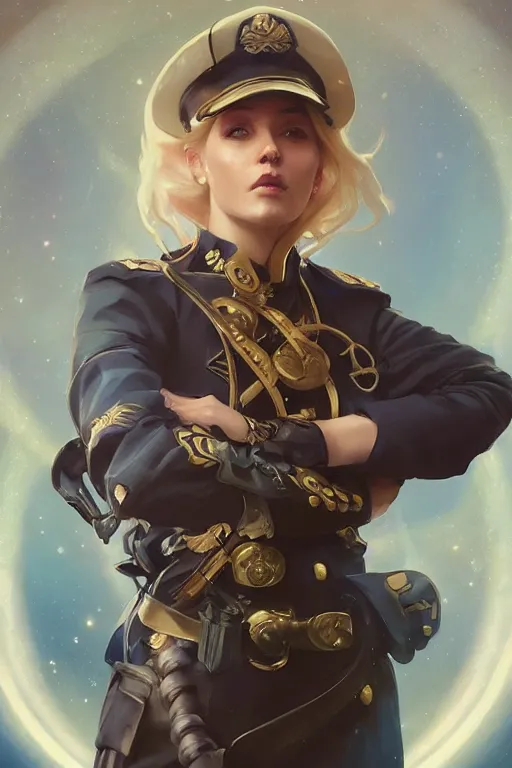 Image similar to beautiful portrait of a female officer wearing a fancy naval uniform, art by artgerm, wlop, craig mullins, alphonse mucha, science fiction, intricate detail, blonde hair, space background, trending on artstation, sharp focus, illustration, caustics, octane render, radiant light, 4 k