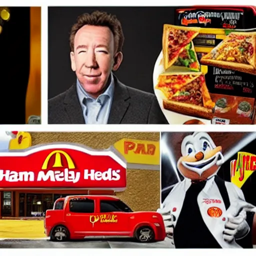 Prompt: tim allen!!!!!!!!!!! taco bell, pizza hut, mcdonalds, kentucky fried chicken, burger king, sonic, wendys, papa johns