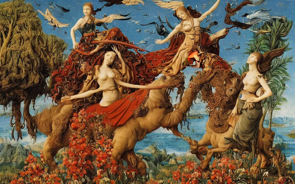 Image similar to a portrait photograph of a meditating harpy and a centaur king riding eagles and hugging animals at a river delta. surrounded by bulbous flowers, animals and trees. mountains range under a blue sky of burning stars. painted by jan van eyck, max ernst, ernst haeckel and ernst fuchs, cgsociety, artstation, fashion editorial, 8 k