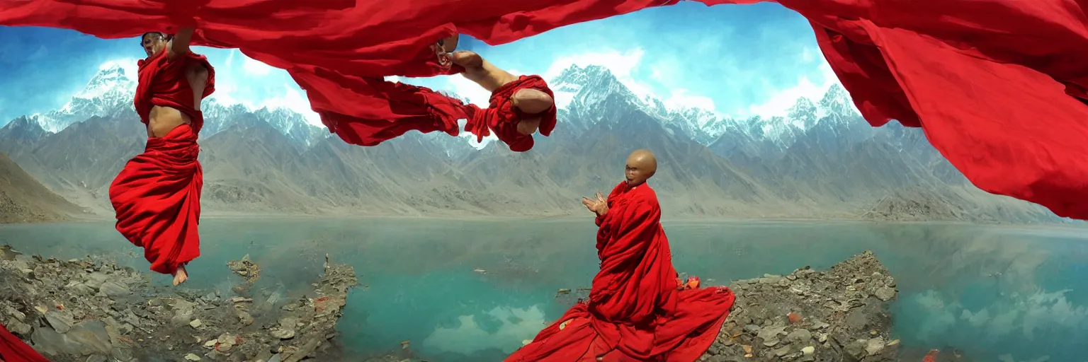 Image similar to a fisheye lens shot on full - frame camera of tibetan monk flying over himalaya mountains lake in weightlessness in traditional red cloth. a lot of flying red fabric around, sky and cloth fabric reflected in blue lake water. illustration by craig mullins, yoji shinkawa, trending on artstation, peter mohrbacher, hyper detailed, intricate, elite, ornate,