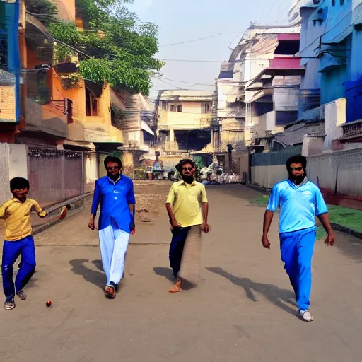 Image similar to four tamil friends playing a game of cricket, on an indian street, photorealistic, 4 k
