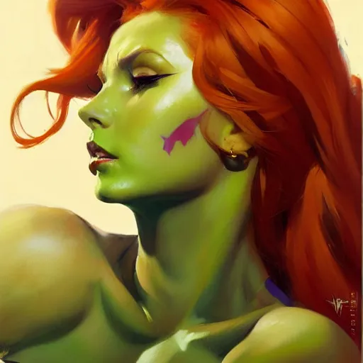 Image similar to Greg Manchess portrait painting of Poison Ivy as Overwatch character, medium shot, asymmetrical, profile picture, Organic Painting, sunny day, Matte Painting, bold shapes, hard edges, street art, trending on artstation, by Huang Guangjian and Gil Elvgren and Sachin Teng