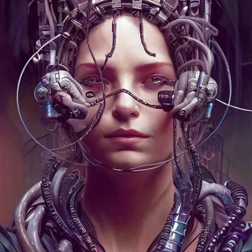 Image similar to portrait of Medusa with vr headset, cyberpunk, cables on the head, futuristic hi-tech details, ominous, intricate, art by anthony macbain + greg rutkowski + alphonse mucha, concept art, 4k, sharp focus, cinematic unreal engine